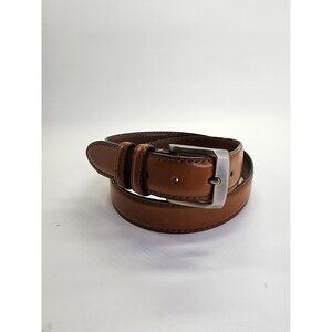 Men’s Brown Leather Belt w/ Silver Tone Buckle Contrast Stitching Casual Size 36